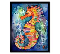Wall Art Print Vibrant Colour Pattern Seahorse Folk Art Framed Artery8 Black W12 inch x H16 inch