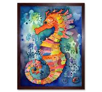 Wall Art Print Vibrant Colour Pattern Seahorse Folk Art Framed Artery8 Brown W12 inch x H16 inch
