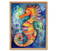 Wall Art Print Vibrant Colour Pattern Seahorse Folk Art Framed Artery8 Light Oak W12 inch x H16 inch