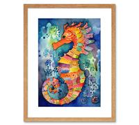 Wall Art Print Vibrant Colour Pattern Seahorse Folk Artwork Framed 9X7 Inch Artery8 Beige W7 inch x H9 inch