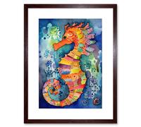 Wall Art Print Vibrant Colour Pattern Seahorse Folk Artwork Framed 9X7 Inch Artery8 Brown W7 inch x H9 inch