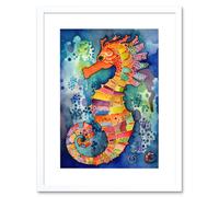 Wall Art Print Vibrant Colour Pattern Seahorse Folk Artwork Framed 9X7 Inch Artery8 White W7 inch x H9 inch
