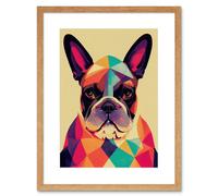 Wall Art Print Vibrant Colourful Geometric French Bulldog Portrait Design Artwork Framed 9X7 Inch Artery8 Beige W7 inch x H9 inch