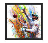 Wall Art Print Vibrant Cricket Fielders Sports Ball Oil Splatter Painting Square Framed Picture 16X16 Inch Artery8 Black W16 inch x H16 inch