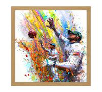 Wall Art Print Vibrant Cricket Fielders Sports Ball Oil Splatter Painting Square Framed Picture 16X16 Inch Artery8 Light Oak W16 inch x H16 inch