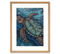 Wall Art Print Vibrant Sea Turtle Swimming Under the Surface Artwork Framed 9X7 Inch Artery8 Beige W7 inch x H9 inch
