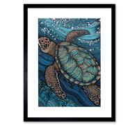 Wall Art Print Vibrant Sea Turtle Swimming Under the Surface Artwork Framed 9X7 Inch Artery8 Black W7 inch x H9 inch