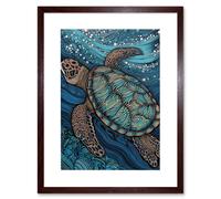 Wall Art Print Vibrant Sea Turtle Swimming Under the Surface Artwork Framed 9X7 Inch Artery8 Brown W7 inch x H9 inch