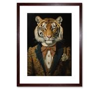 Wall Art Print Victorian Tiger in William Morris Style Pattern Dinner Jacket Conceptual Portrait Artwork Elegant Floral Pattern Bow Tie and Boutonnièr Artery8 Brown W7 inch x H9 inch