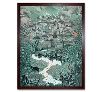 Wall Art Print Village Near River Forest Landscape Blue Linocut Art Framed Artery8 Brown W12 inch x H16 inch
