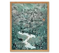 Wall Art Print Village Near River Forest Landscape Blue Linocut Art Framed Artery8 Light Oak W12 inch x H16 inch