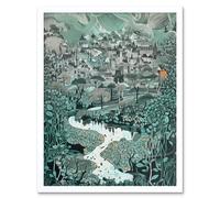 Wall Art Print Village Near River Forest Landscape Blue Linocut Art Framed Artery8 White W12 inch x H16 inch