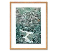 Wall Art Print Village Near River Forest Landscape Blue Linocut Artwork Framed 9X7 Inch Artery8 Beige W7 inch x H9 inch