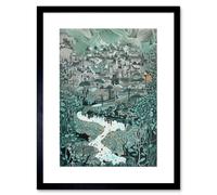 Wall Art Print Village Near River Forest Landscape Blue Linocut Artwork Framed 9X7 Inch Artery8 Black W7 inch x H9 inch
