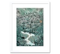 Wall Art Print Village Near River Forest Landscape Blue Linocut Artwork Framed 9X7 Inch Artery8 White W7 inch x H9 inch