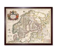Wall Art Print Vintage Antique Map Scandinavia Norway Sweeden Finland Art Framed Artery8 Brown W12 inch x H16 inch