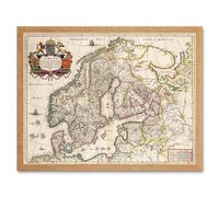 Wall Art Print Vintage Antique Map Scandinavia Norway Sweeden Finland Art Framed Artery8 Light Oak W12 inch x H16 inch