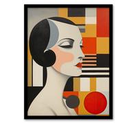 Wall Art Print Vintage Bauhaus 1920s Portrait Oil Painting Geometric Shapes and Elegant Lady Art Framed Wee Blue Coo Multi W12 inch x H16 inch