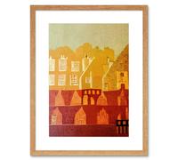 Wall Art Print Vintage Folk Art Mid Century Cityscape Abstract Artwork Framed 9X7 Inch Artery8 Beige W7 inch x H9 inch