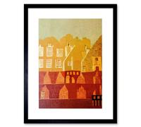 Wall Art Print Vintage Folk Art Mid Century Cityscape Abstract Artwork Framed 9X7 Inch Artery8 Black W7 inch x H9 inch
