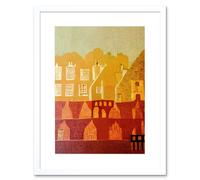 Wall Art Print Vintage Folk Art Mid Century Cityscape Abstract Artwork Framed 9X7 Inch Artery8 White W7 inch x H9 inch