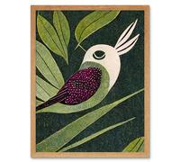 Wall Art Print Vintage Linocut Small Bird With Plant Leaves Art Framed Artery8 Light Oak W12 inch x H16 inch