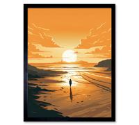 Wall Art Print Walk into the Sunset Sand Beach Coastal Landscape Art Framed Artery8 Black W12 inch x H16 inch