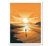 Wall Art Print Walk into the Sunset Sand Beach Coastal Landscape Art Framed Artery8 White W12 inch x H16 inch
