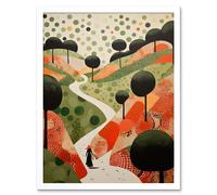 Wall Art Print Walk on the Countryside Hill Path Folk Art Oil Painting Red Orange Green Abstract Landscape Artwork Art Framed Artery8 White W12 inch x H16 inch