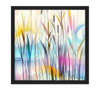 Wall Art Print Water Reed Plant Swamp Canes Dreamy Colourful Modern Watercolour Square Framed Picture 16X16 Inch Artery8 Black W16 inch x H16 inch