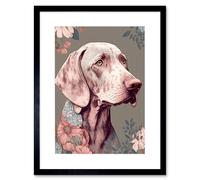 Wall Art Print Weimaraner Dog Portrait with Flower Patterns Modern Detailed Artwork Framed 9X7 Inch Artery8 Black W7 inch x H9 inch