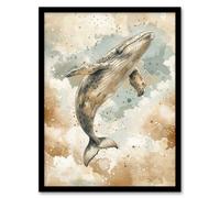 Wall Art Print Whale Cloud Jumping Swimming Blue Tan Watercolour Art Framed Poster Artery8 Black W12 inch x H16 inch