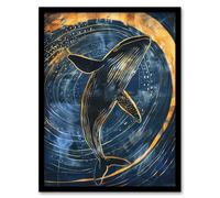 Wall Art Print Whale Gold Blue Water Surface Ripple Painting Art Framed Poster Artery8 Black W12 inch x H16 inch