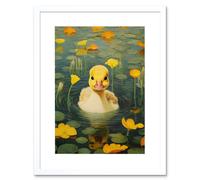 Wall Art Print Whirlpool Duckling Lily Pads and Flowers Kids Bedroom Nursery Artwork Framed 9X7 Inch Artery8 White W7 inch x H9 inch