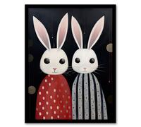 Wall Art Print White Bunny Rabbits in Dresses Painting Red Black Kids Framed Art Artery8 Black W12 inch x H16 inch