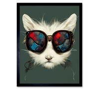 Wall Art Print White Cat Head With Aviator Sunglasses Painting Art Framed Artery8 Black W12 inch x H16 inch