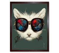 Wall Art Print White Cat Head With Aviator Sunglasses Painting Art Framed Artery8 Brown W12 inch x H16 inch