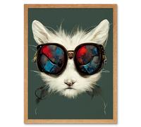 Wall Art Print White Cat Head With Aviator Sunglasses Painting Art Framed Artery8 Light Oak W12 inch x H16 inch