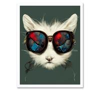 Wall Art Print White Cat Head With Aviator Sunglasses Painting Art Framed Artery8 White W12 inch x H16 inch