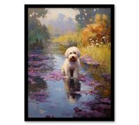 Wall Art Print White Cockapoo Dog And Purple Water Irises Claude Monet Style Oil Painting Art Framed Artery8 Black W12 inch x H16 inch
