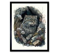 Wall Art Print Wild Cat in Rock Cavity with Wildflowers Detailed Watercolour Art Framed Artery8 Black W12 inch x H16 inch