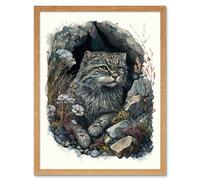 Wall Art Print Wild Cat in Rock Cavity with Wildflowers Detailed Watercolour Art Framed Artery8 Light Oak W12 inch x H16 inch