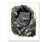 Wall Art Print Wild Cat in Rock Cavity with Wildflowers Detailed Watercolour Art Framed Artery8 White W12 inch x H16 inch