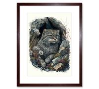 Wall Art Print Wild Cat in Rock Cavity with Wildflowers Detailed Watercolour Artwork Framed 9X7 Inch Artery8 Brown W7 inch x H9 inch
