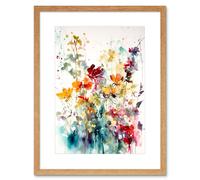 Wall Art Print Wild Flowers Abstract Watercolour Orange Red Purple Bright Floral Spring Field Artwork Framed 9X7 Inch Artery8 Beige W7 inch x H9 inch