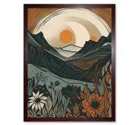 Wall Art Print Wild Flowers in Scottish Hills Sunrise Landscape Art Framed Artery8 Brown W12 inch x H16 inch