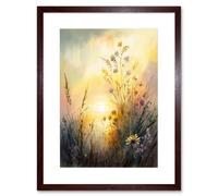 Wall Art Print Wildflower by Lakeside on a Misty Morning Sunrise Modern Watercolour Painting Artwork Framed 9X7 Inch Artery8 Brown W7 inch x H9 inch