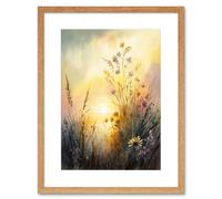 Wall Art Print Wildflower by Lakeside on a Misty Morning Sunrise Modern Watercolour Painting Artwork Framed 9X7 Inch Artery8 Beige W7 inch x H9 inch
