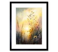 Wall Art Print Wildflower by Lakeside on a Misty Morning Sunrise Modern Watercolour Painting Artwork Framed 9X7 Inch Artery8 Black W7 inch x H9 inch
