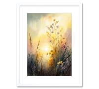 Wall Art Print Wildflower by Lakeside on a Misty Morning Sunrise Modern Watercolour Painting Artwork Framed 9X7 Inch Artery8 White W7 inch x H9 inch